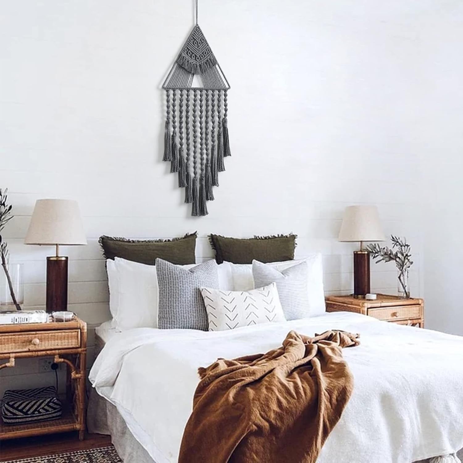Grey Boho Triangle Macrame Wall Hanging 27" Cotton Tassel