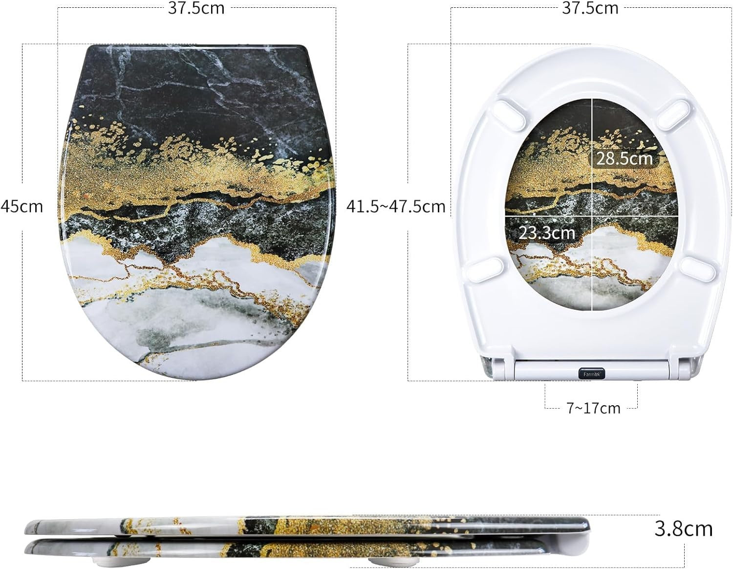 Marble Effect Toilet Seat Soft Close Quick Release Top Fix 45x37cm