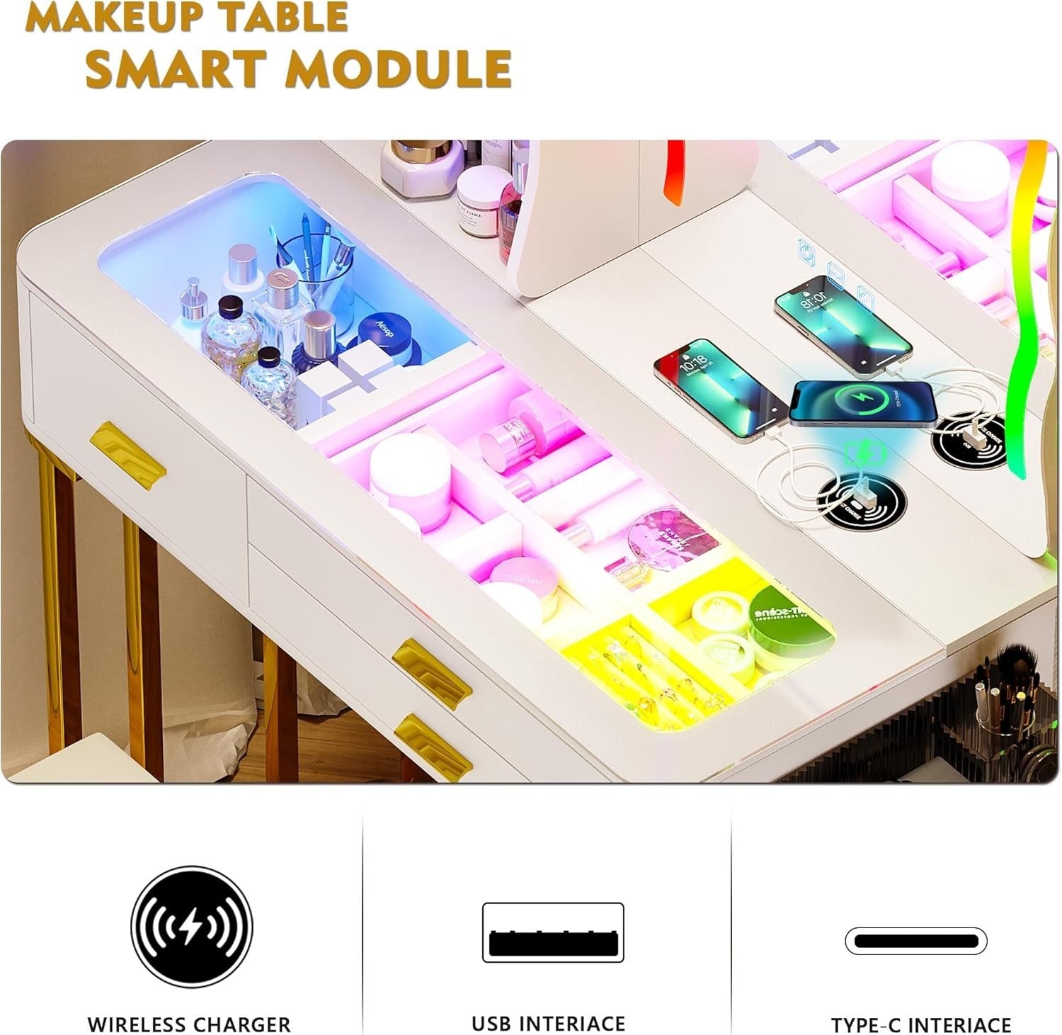 Elegant White Vanity Dressing Table RGB LED Mirror Wireless Charging 3 Drawers