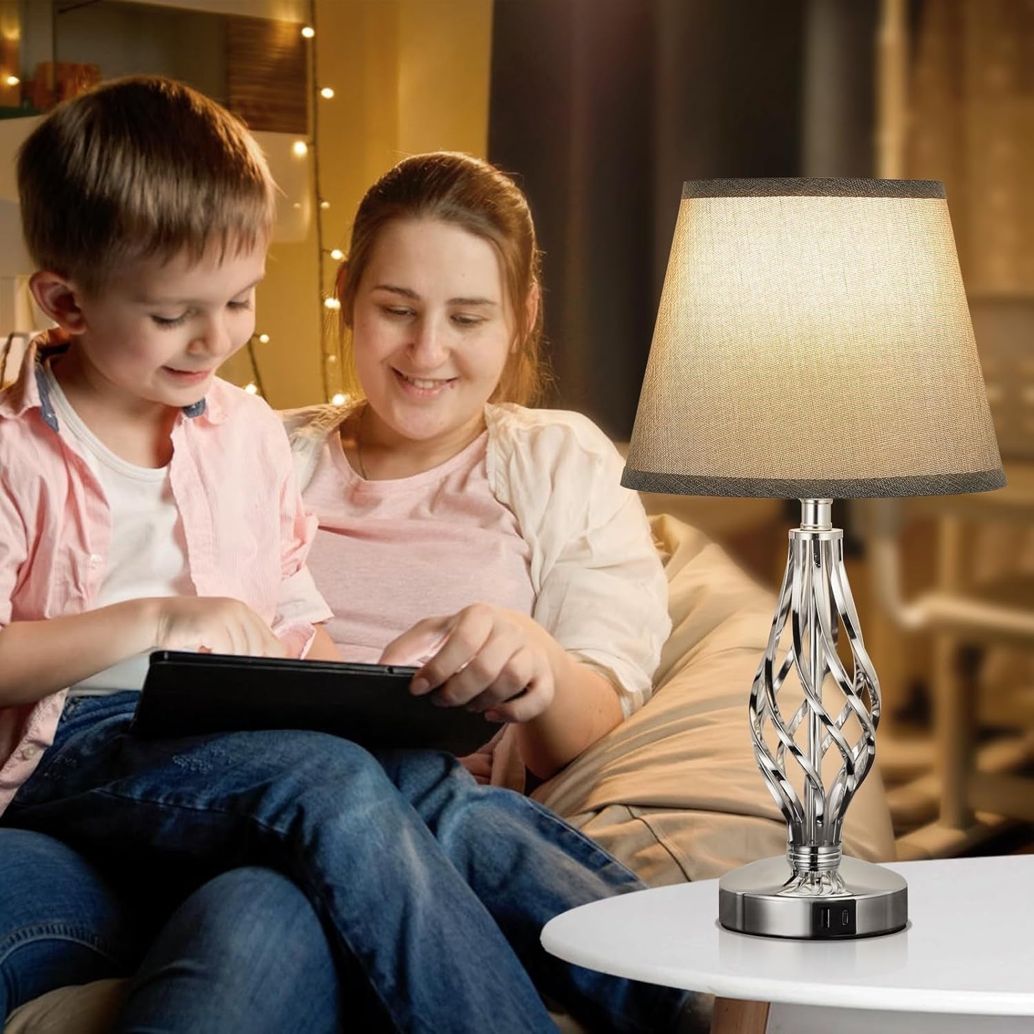 Touch Bedside Lamps Set of 2 USB Charging 3-Way Dimmable Grey Shades