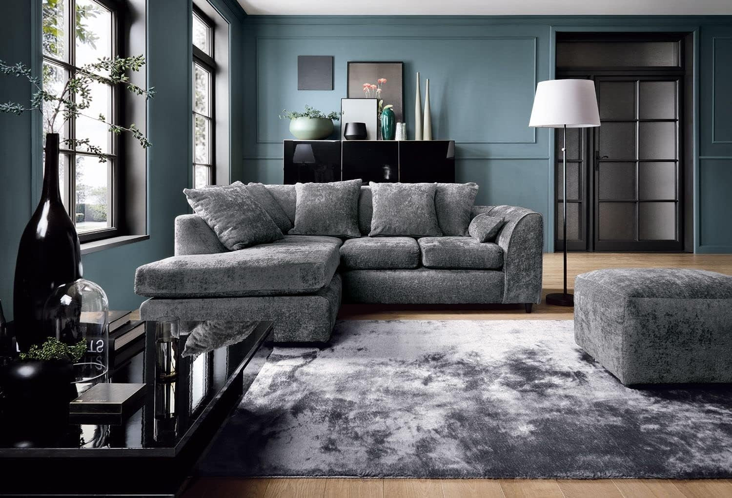 L Shaped Corner Sofa Dark Grey Chenille – 5 Seater Couch w/ Cushions & Support