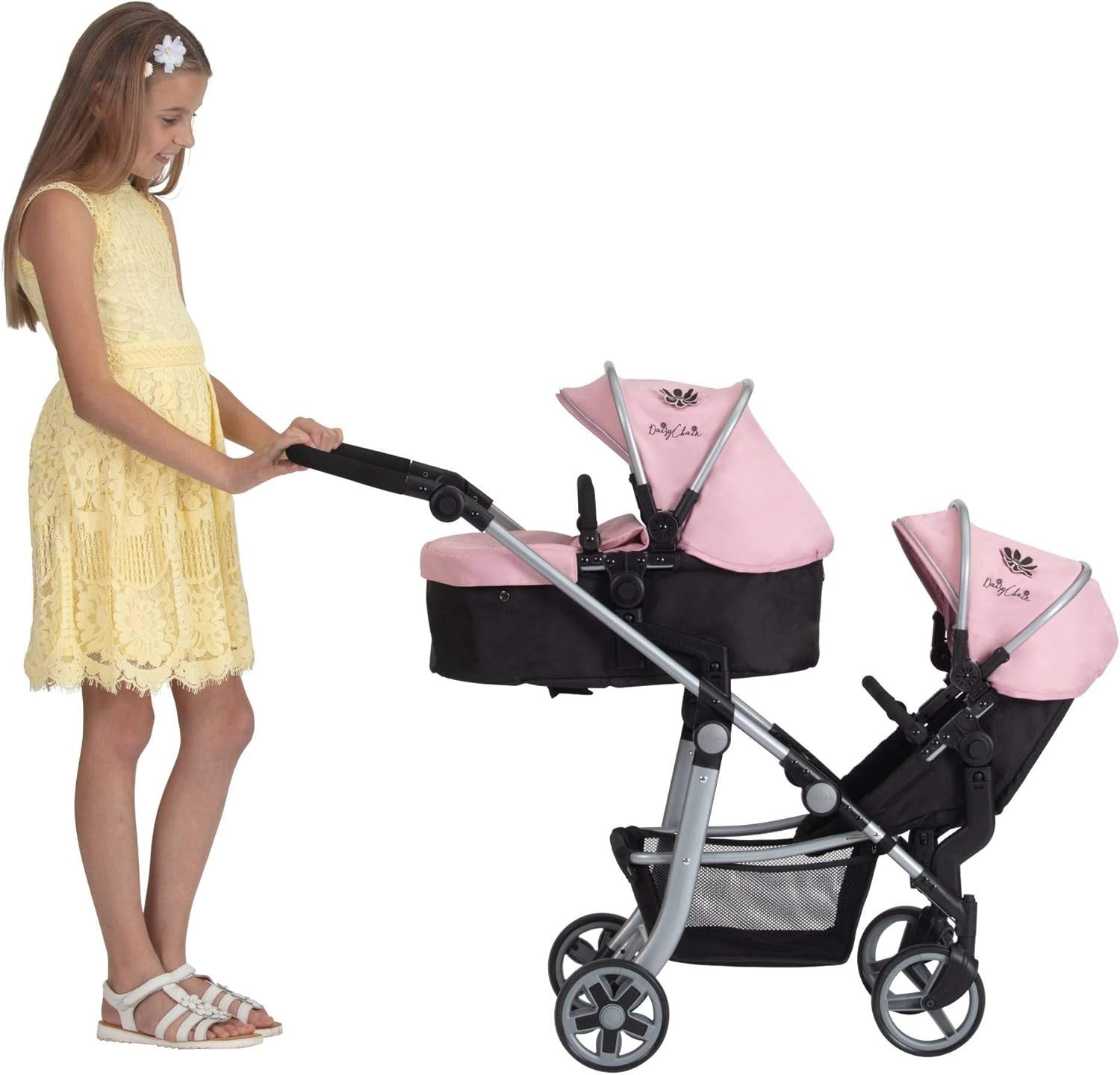 Extra Large Double Dolls Pram 95cm Adjustable Handle, Toy Pushchair 7–13+