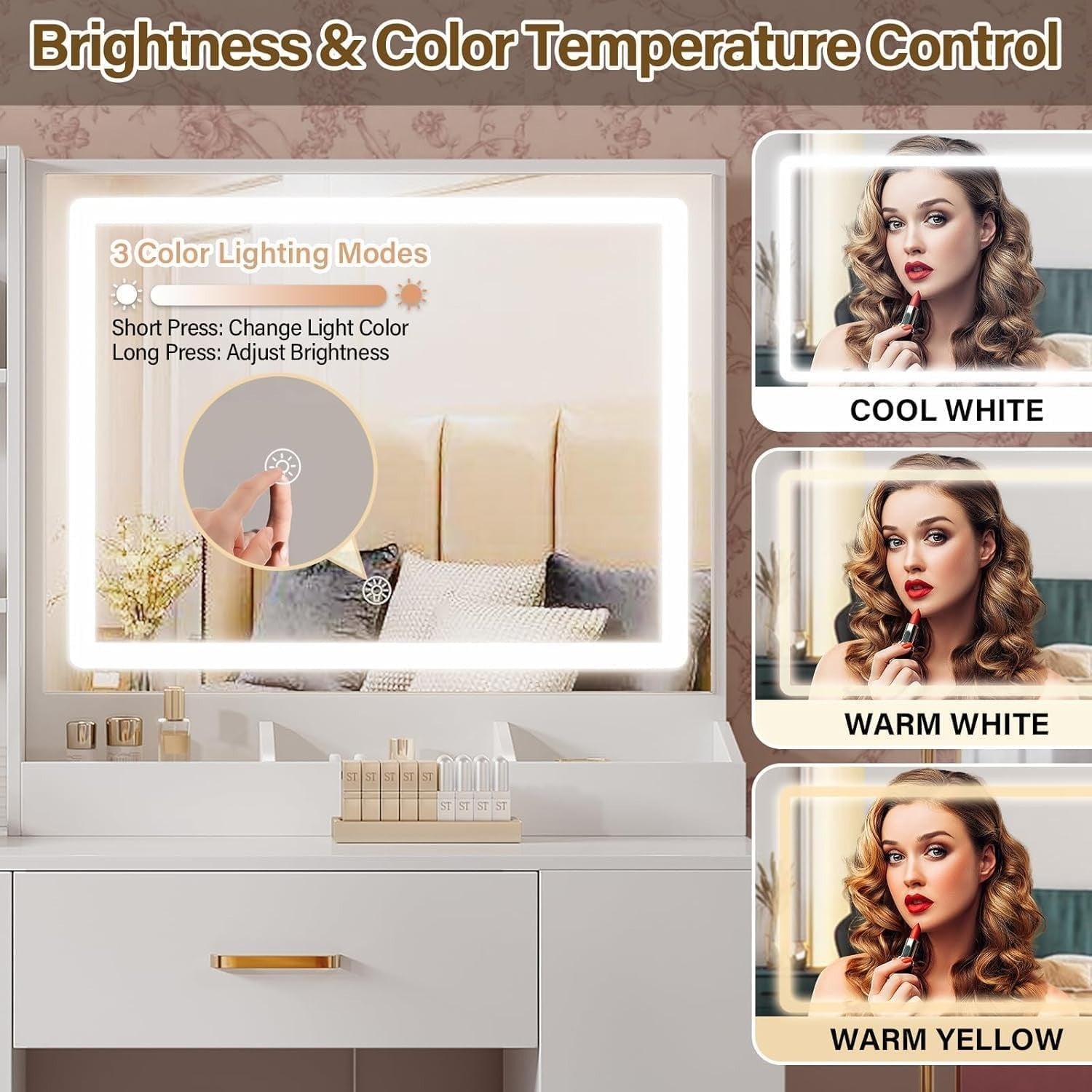 White Vanity Desk w/Lighted Sliding Mirror 4 Drawers Hidden Storage Cabinet