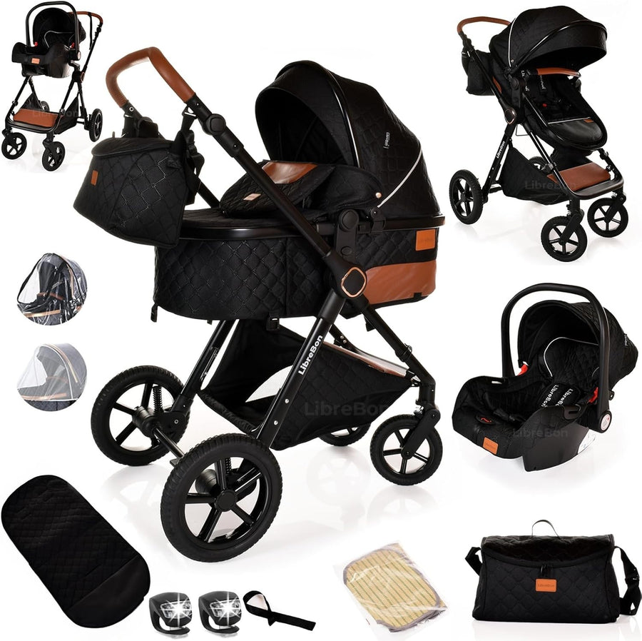 3-in-1 Baby Stroller Travel System Pram Pushchair Foldable Lightweight Black