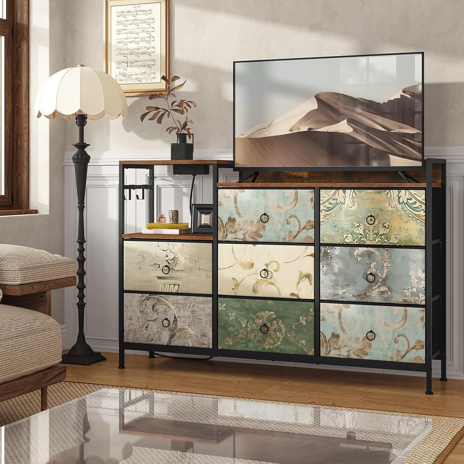 8 Drawer Fabric Chest with USB Ports & Power Strip Vintage Rustic Storage