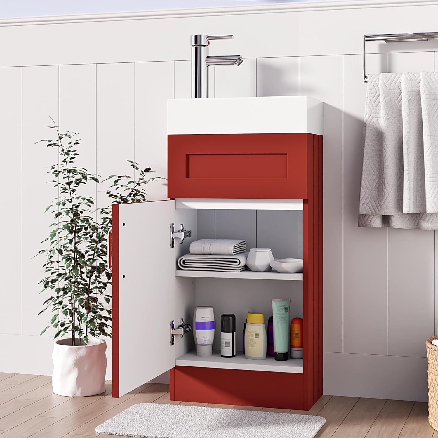 Slim 400mm Bathroom Vanity Unit with Basin Red Floor Standing Sink Cabinet