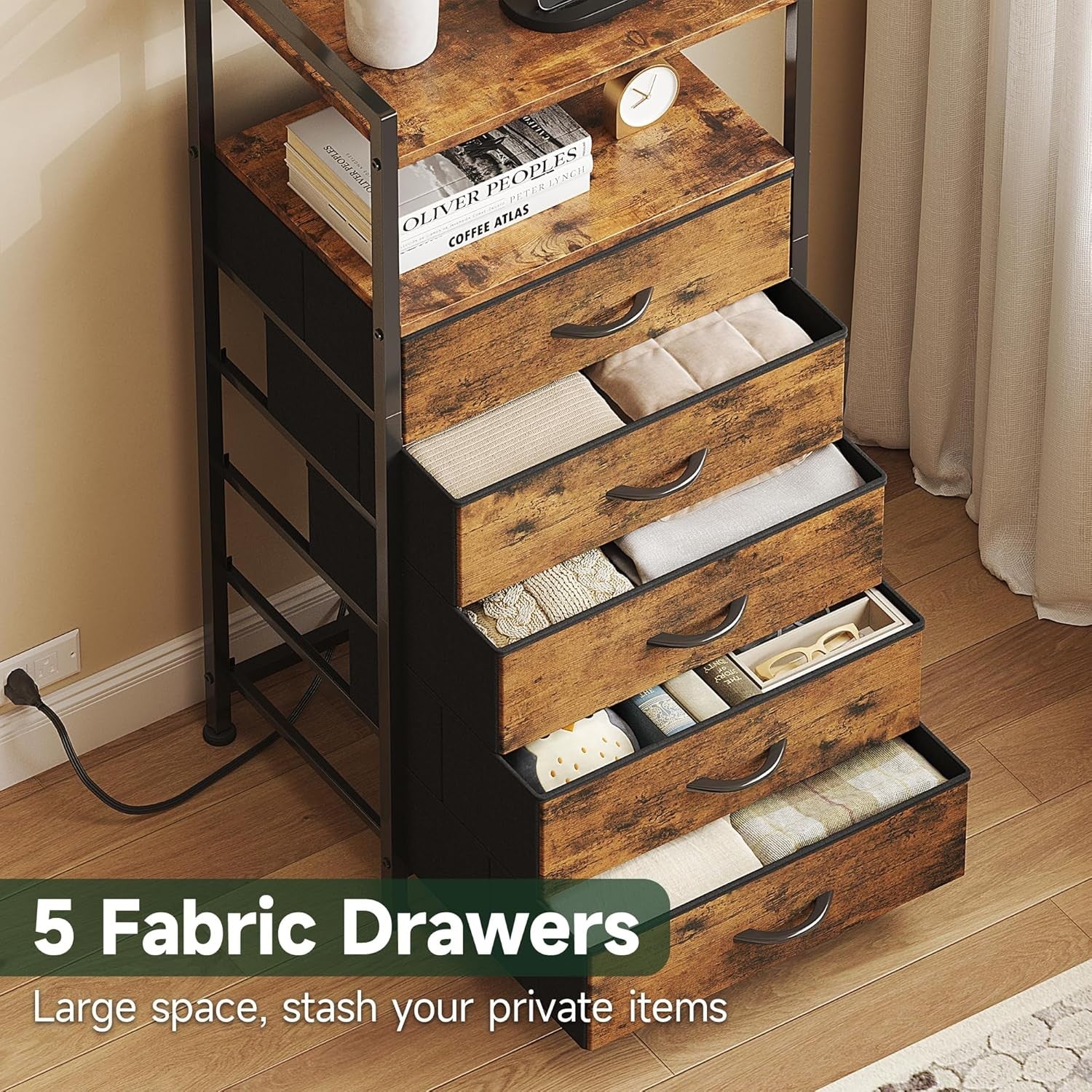Tall Rustic Brown LED Bedside Table with Charging Ports 5-Drawer Storage Unit