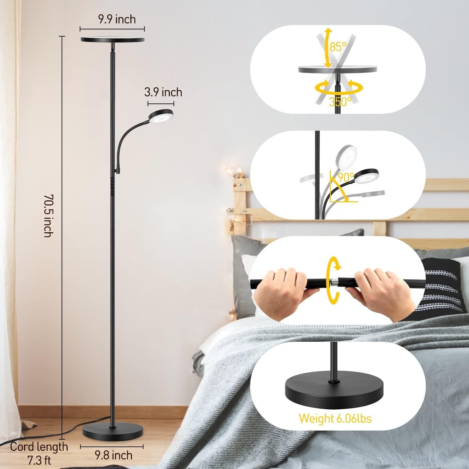 LED Floor Lamp with Reading Light Dimmable Remote Touch Uplighter Black