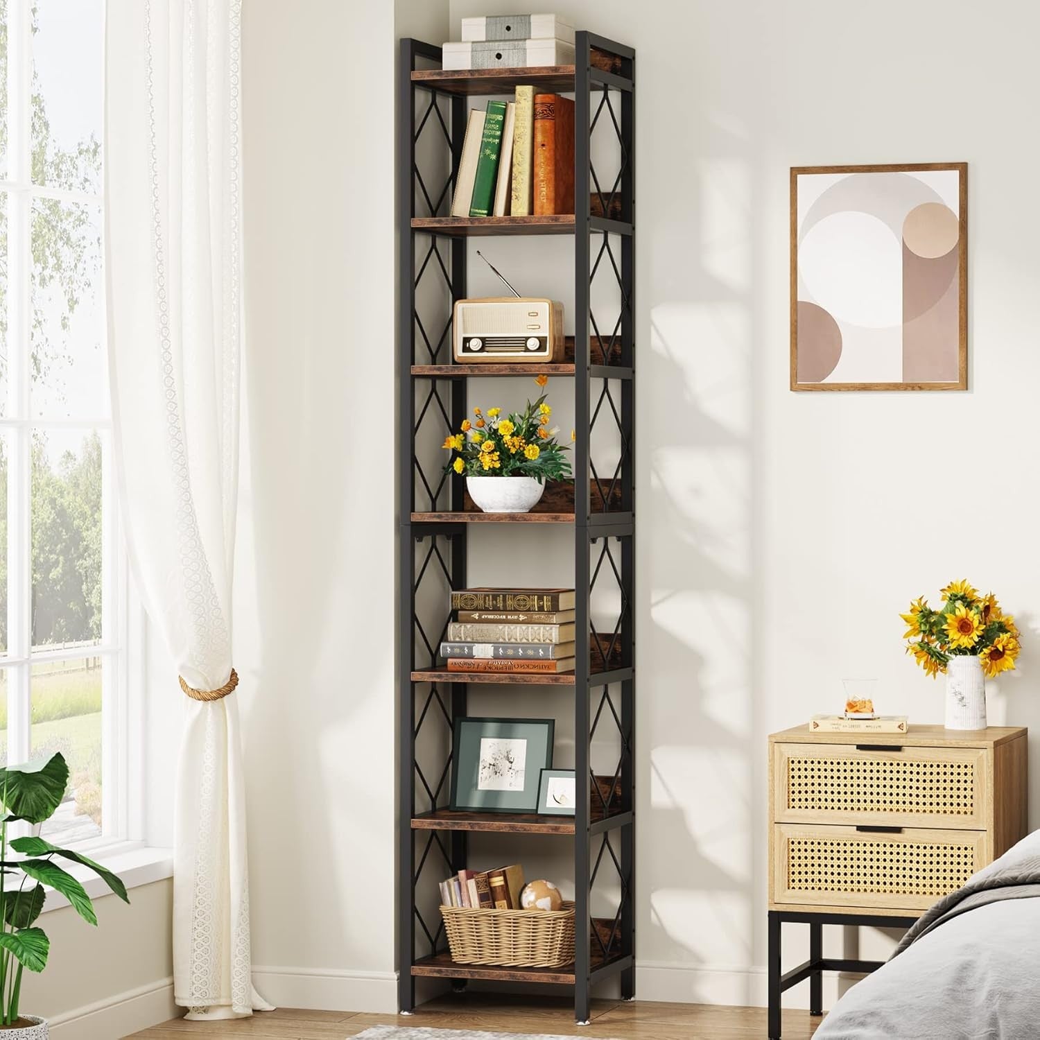 Extra Tall 7-Tier Narrow Bookshelf | 199cm Slim Rustic Display Shelf for Small S