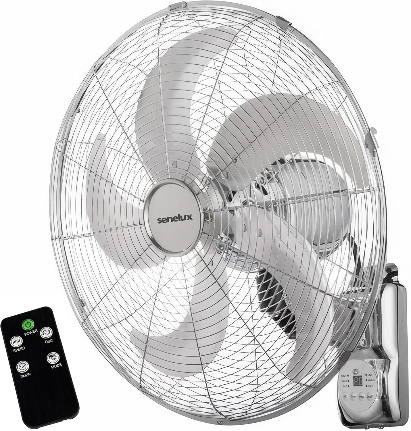 16" Wall Fan – Chrome Remote-Controlled 3-Speed Quiet 50W Oscillating Cooling