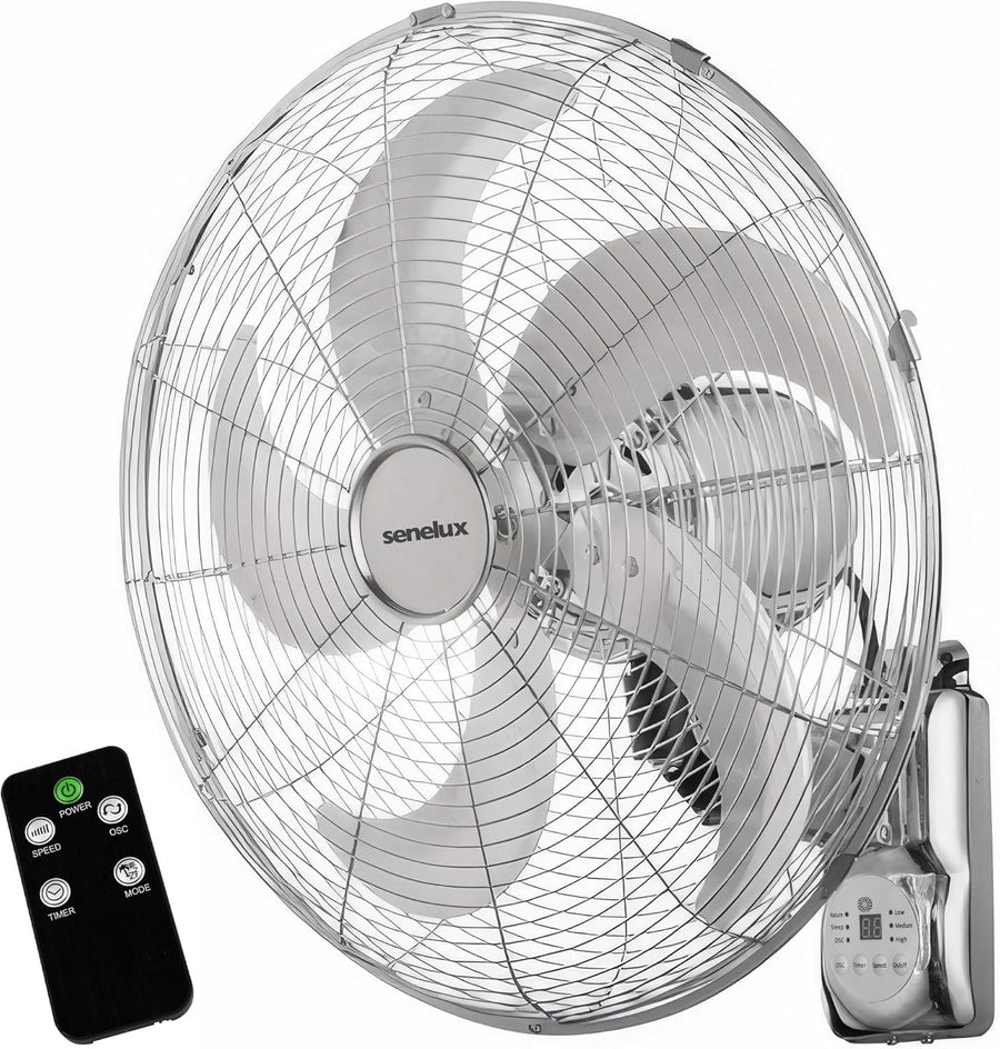 16" Wall Fan – Chrome Remote-Controlled 3-Speed Quiet 50W Oscillating Cooling
