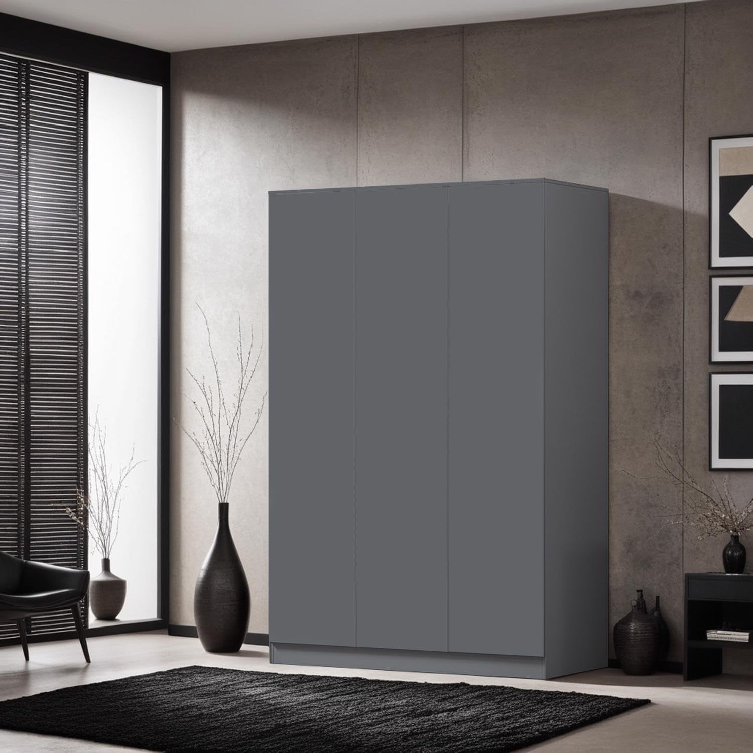 3 Door Dark Grey Wardrobe Matt Finish | Push-to-Open | Spacious Storage