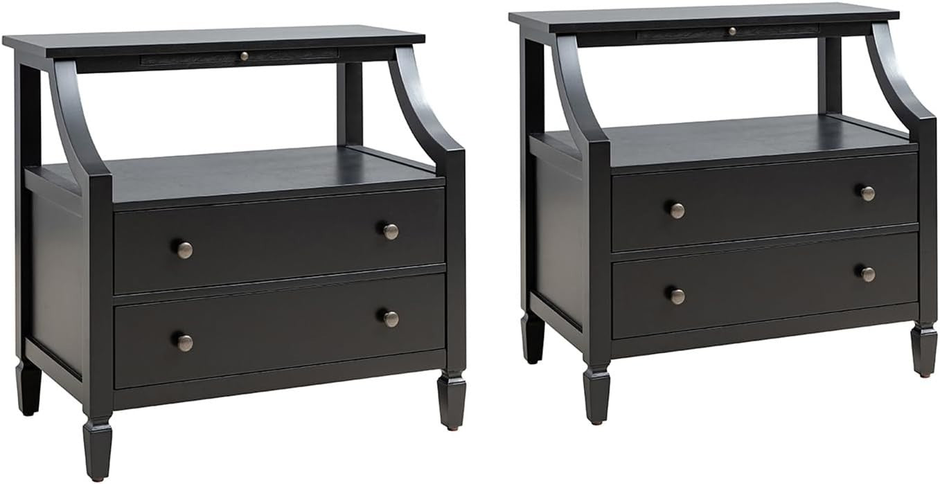 Set of 2 Modern Black Bedside Tables with 2 Drawers & Open Shelf