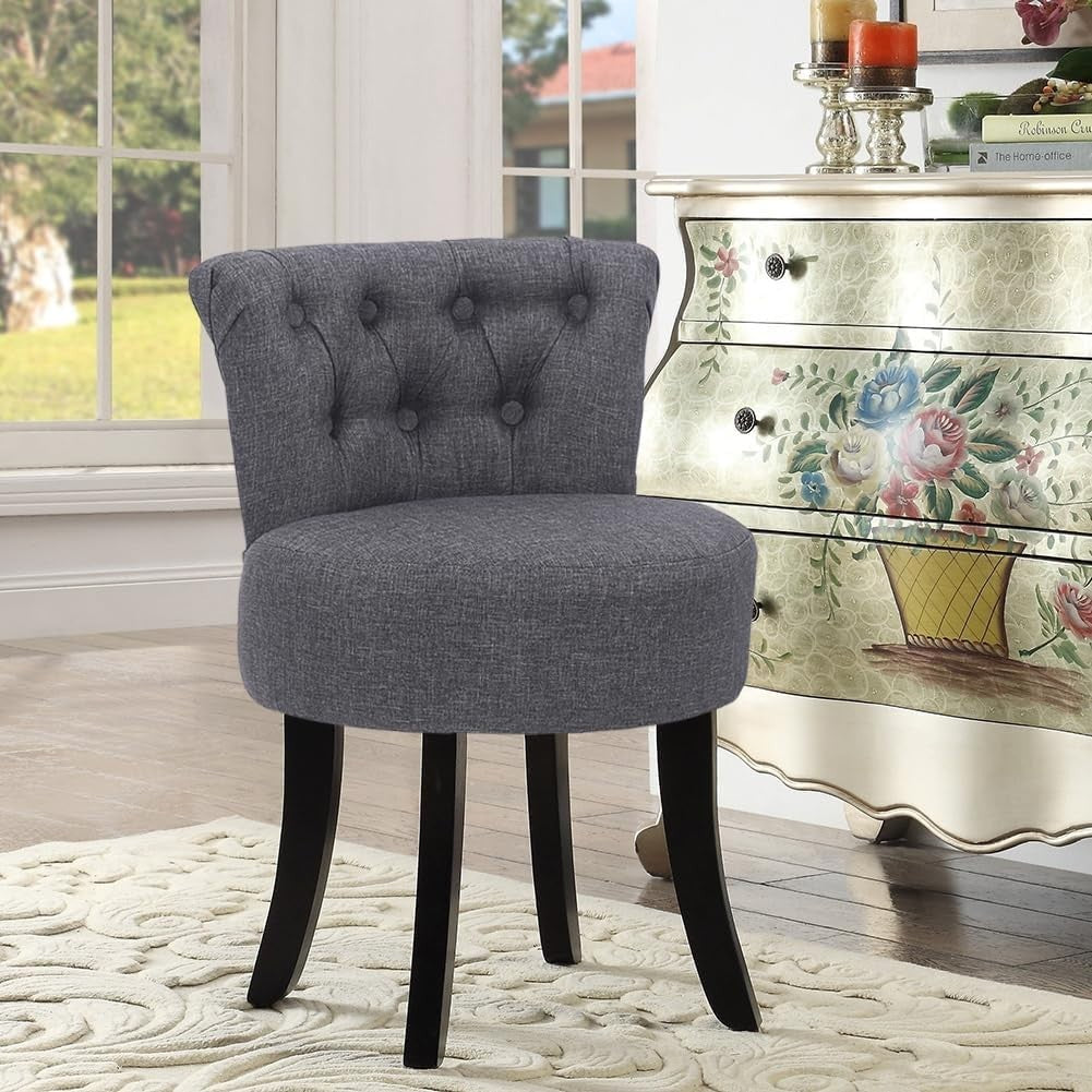 Dark Grey Linen Vanity Chair with Tufted Back – Comfy Wooden Leg Dressing Stool