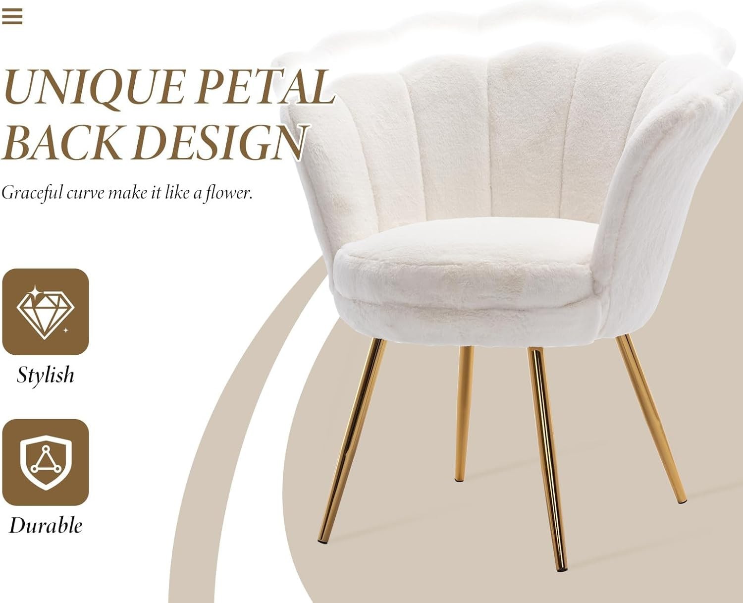White Velvet Lounge Chair Gold Legs | Petal Back Armchair for Bedroom