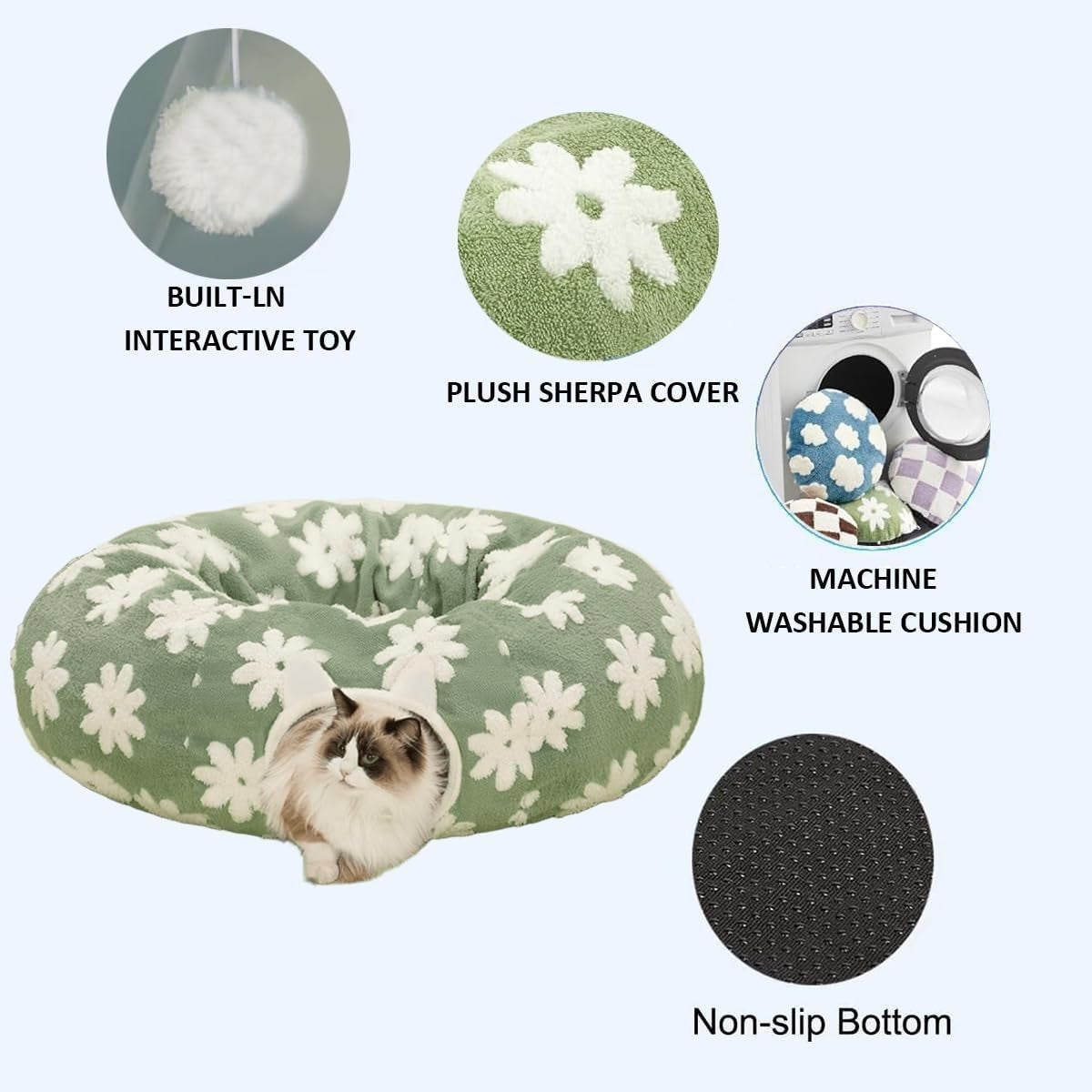 2 in 1 Cat Tunnel Bed Donut Play Toy w Washable Cushion Green