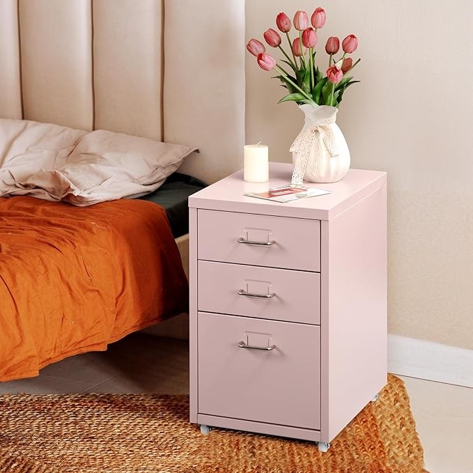 3 Drawer Metal File Cabinet with Wheels Under Desk Office Storage Unit, Rolling