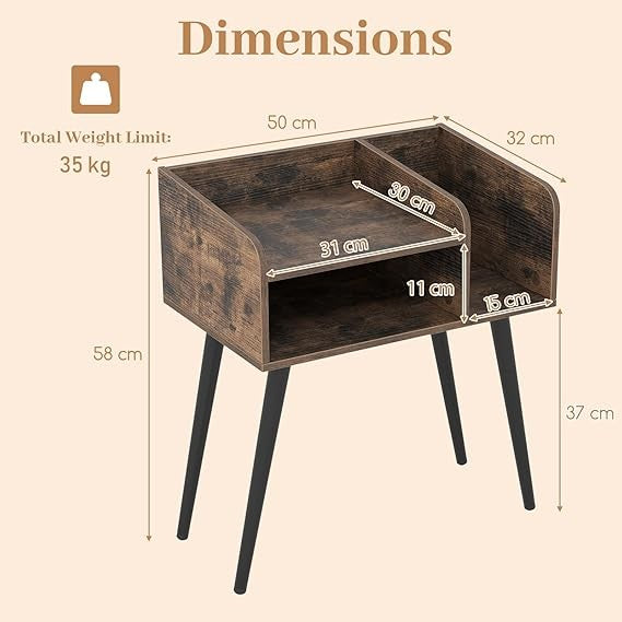 Rustic Brown Wooden Bedside Table with Open Shelves & Metal Legs – Modern Nights