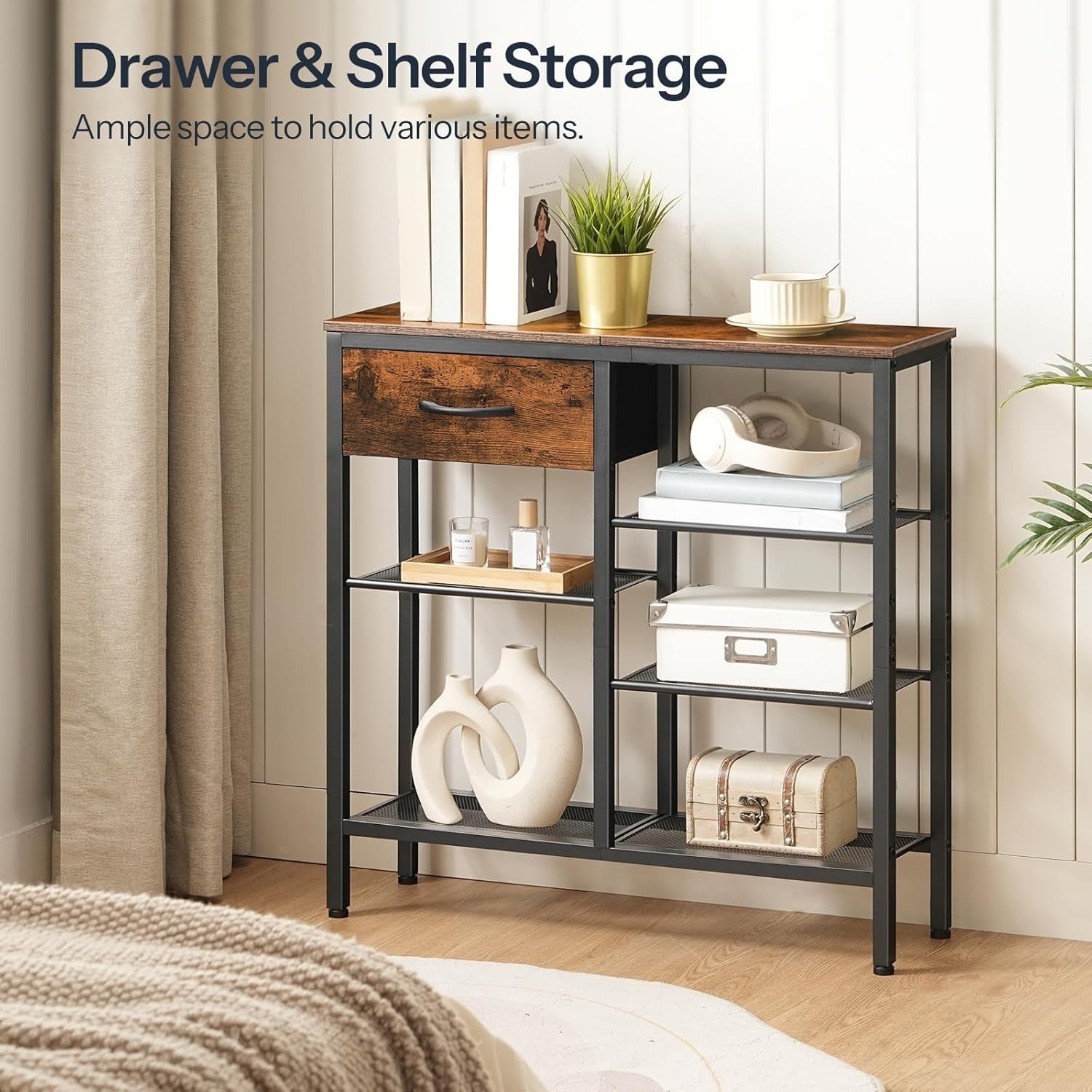 Slim 5-Tier Console Table with Drawer & Storage Shelves, Rustic Industrial