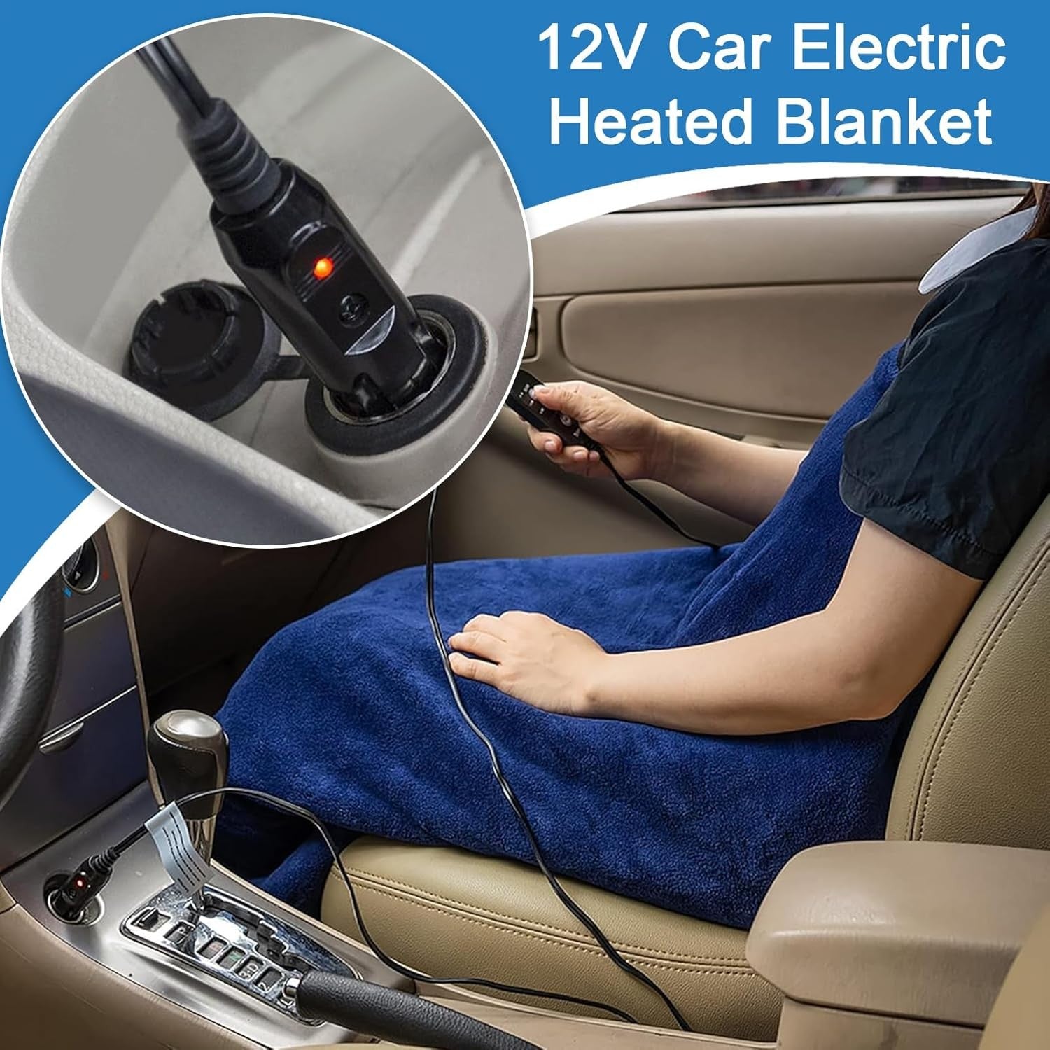 12V Electric Heated Car  Blue Blanket Throw 3 Heat Levels Travel Camping Warm