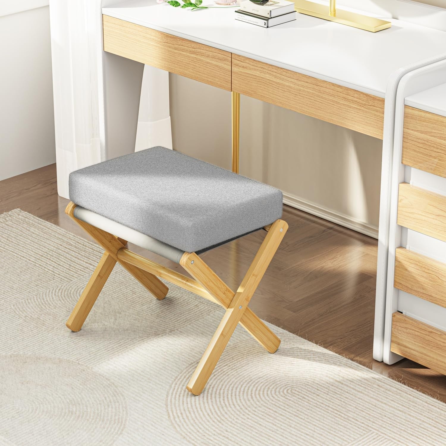 Natural Bamboo Foldable Footstool with Grey Cushion & X-Leg Footrest Design