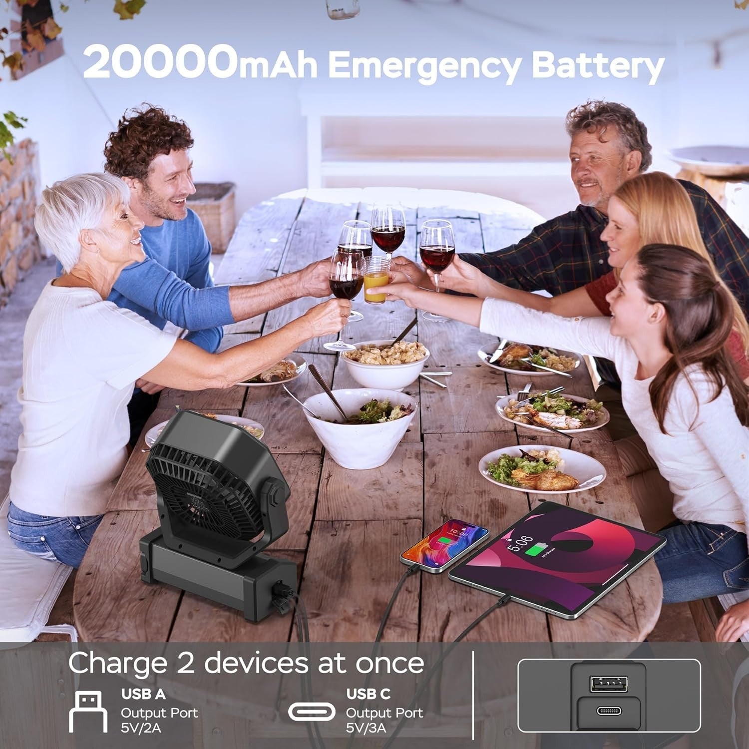 20000mAh Camping Fan – LED Desk Fan w/ Remote, Hook & Rechargeable Battery Black