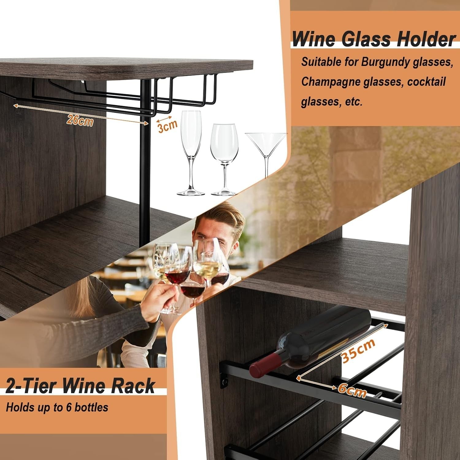 Brown Bar Table Set with Stools, Wine Rack, Glass Holders & Storage Shelves