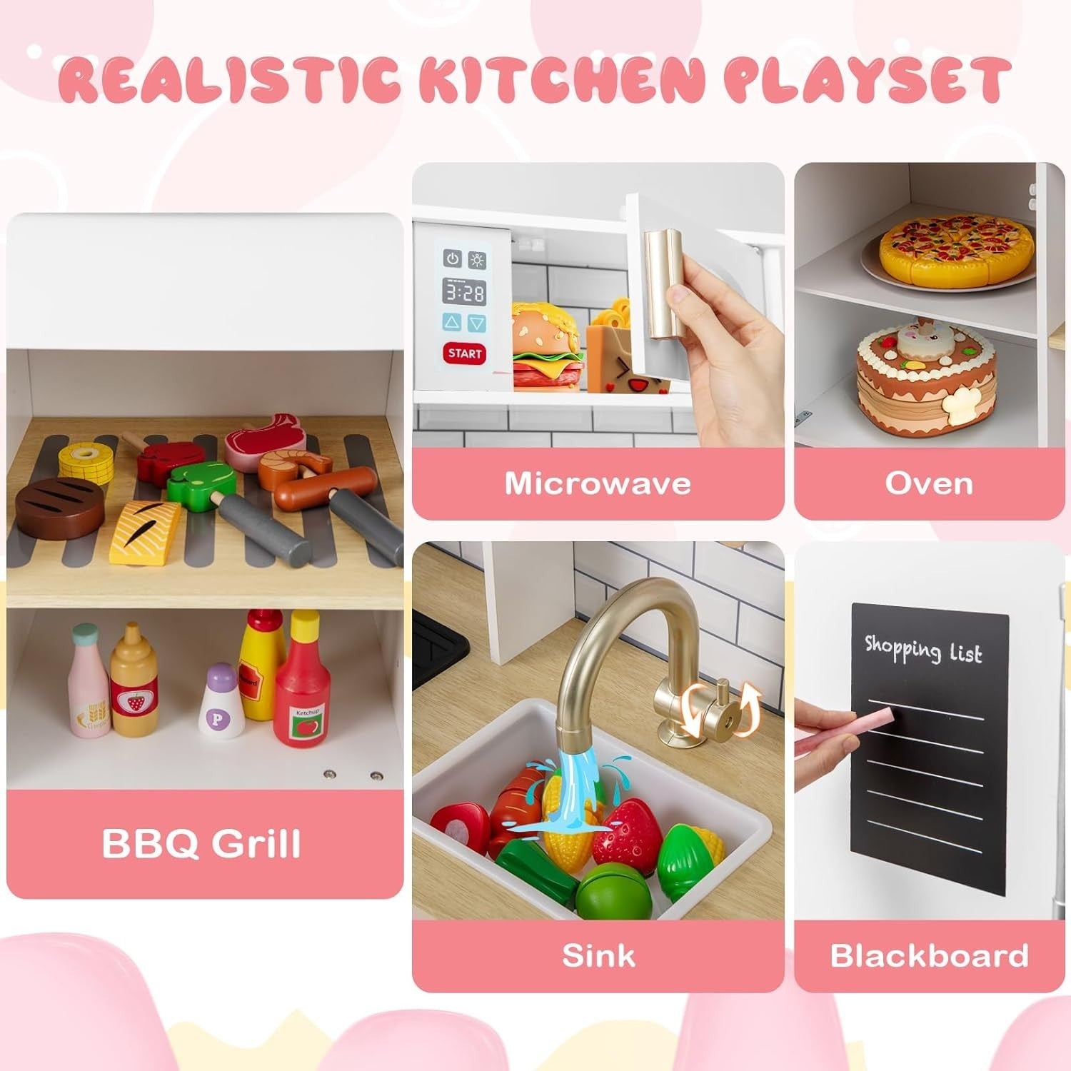 Wooden Kids Play Kitchen White Lights Sounds Toy Set Chalkboard