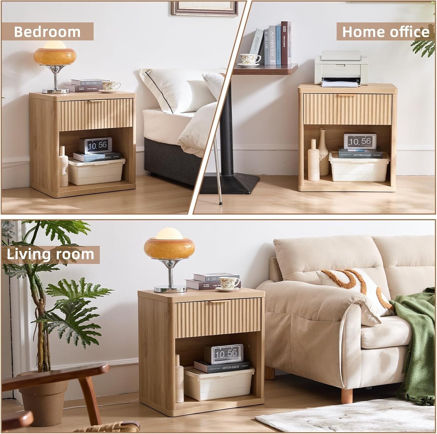 Natural Fluted Bedside Table with Drawer Modern Wood Nightstand Storage Unit