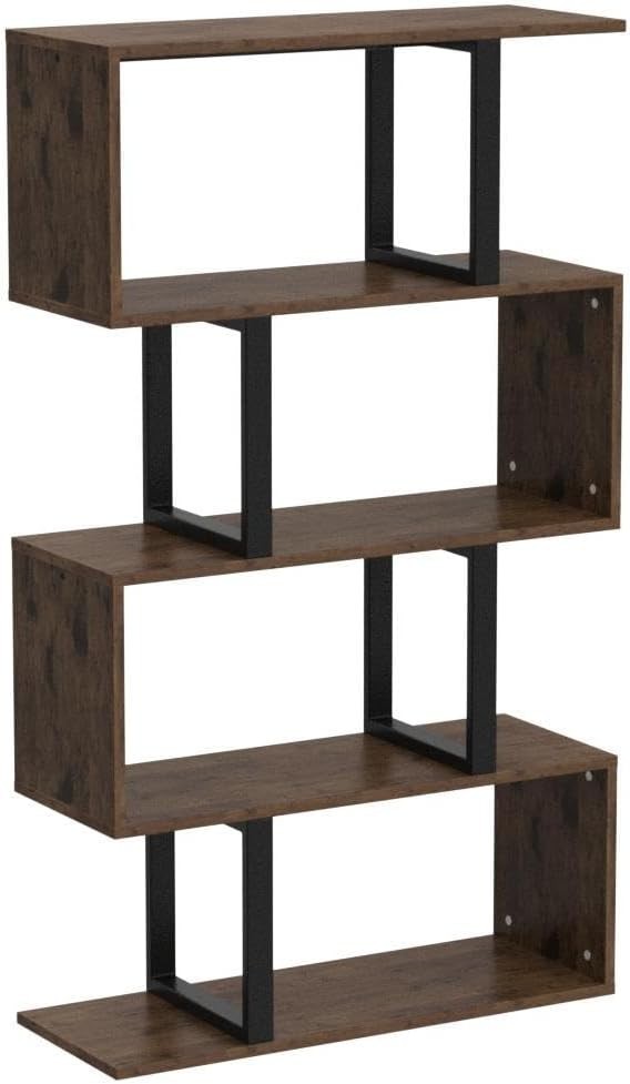 5 Tier S Shaped Bookcase Brown Metal Frame Modern Freestanding Display Shelf