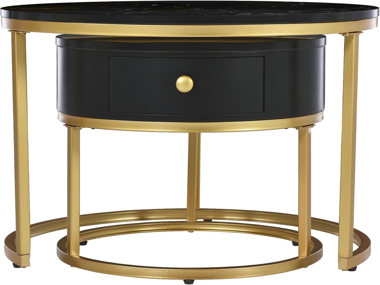 Nest Coffee Table Set 2pc Modern Round Black Marble Metal Adjustable Storage