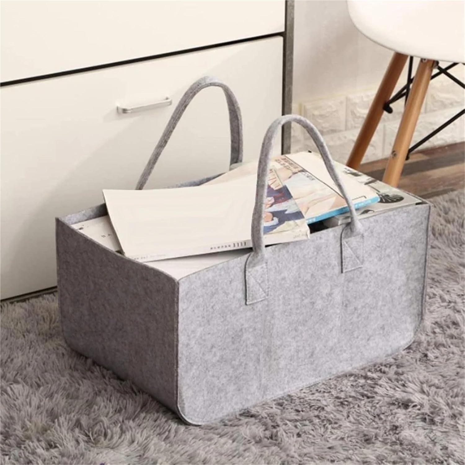 Large Firewood Log Carrier Tote Bag Felt Basket Grey Heavy Duty Storage