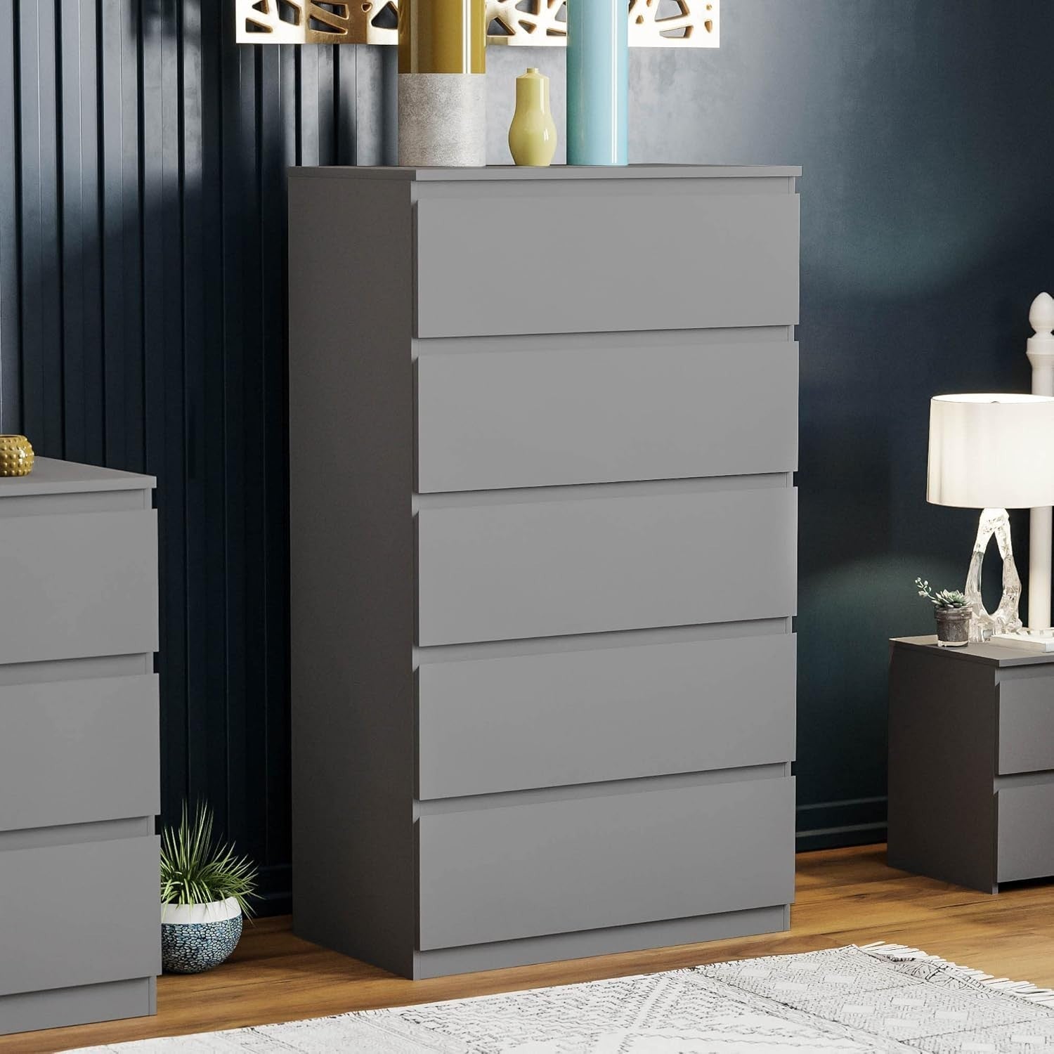 Grey 5 Drawer Chest Modern Storage Unit Tall Slim Bedroom Cabinet