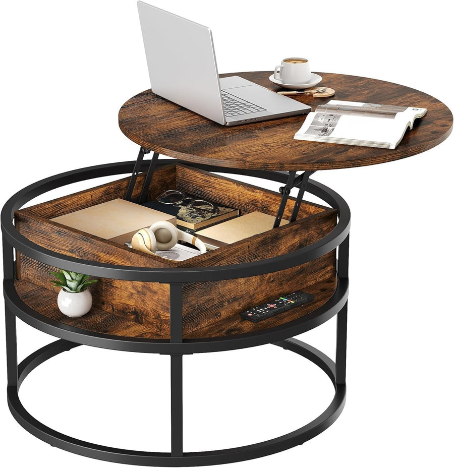 Lift Top Coffee Table Round 80x80x47cm with Hidden Storage Brown Wood