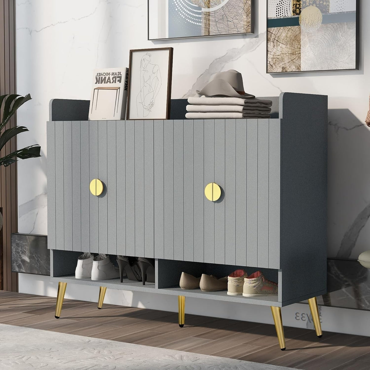 Large Grey Shoe Cabinet 4 Door Storage Cupboard w/ Gold Legs 120x35x100cm