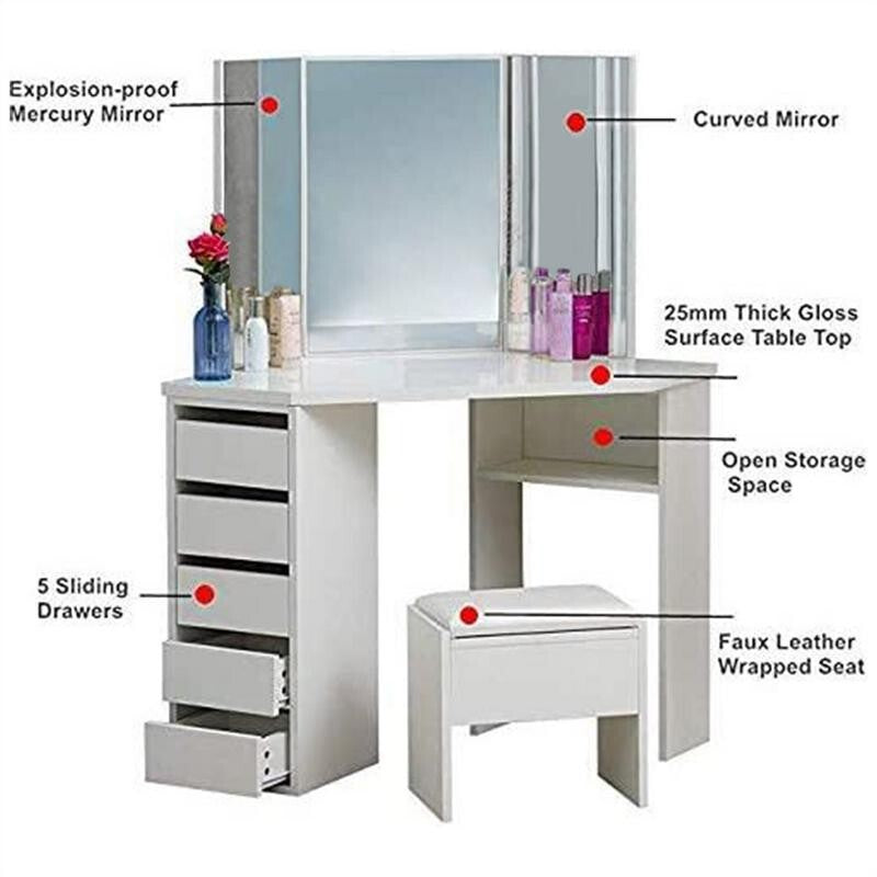 Corner Dressing Table with Mirror Stool Drawers Vanity Desk White MDF
