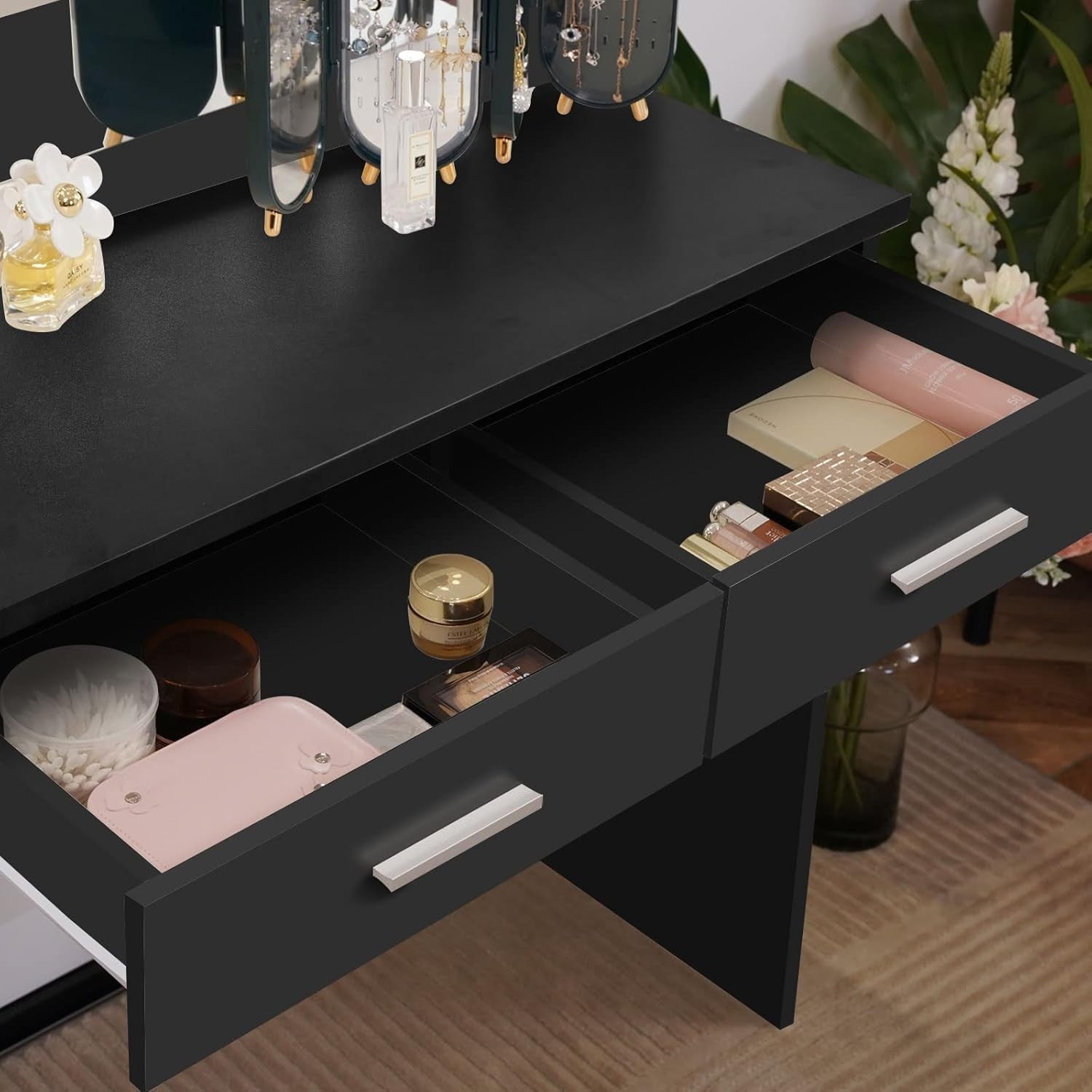 Black Dressing Table Vanity LED Hollywood Mirror Stool Storage Drawers Desk