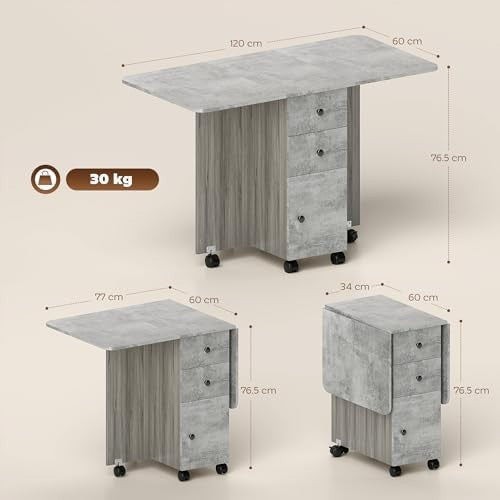 Folding Drop Leaf Dining Table on Wheels with Storage Drawers Cabinet Grey