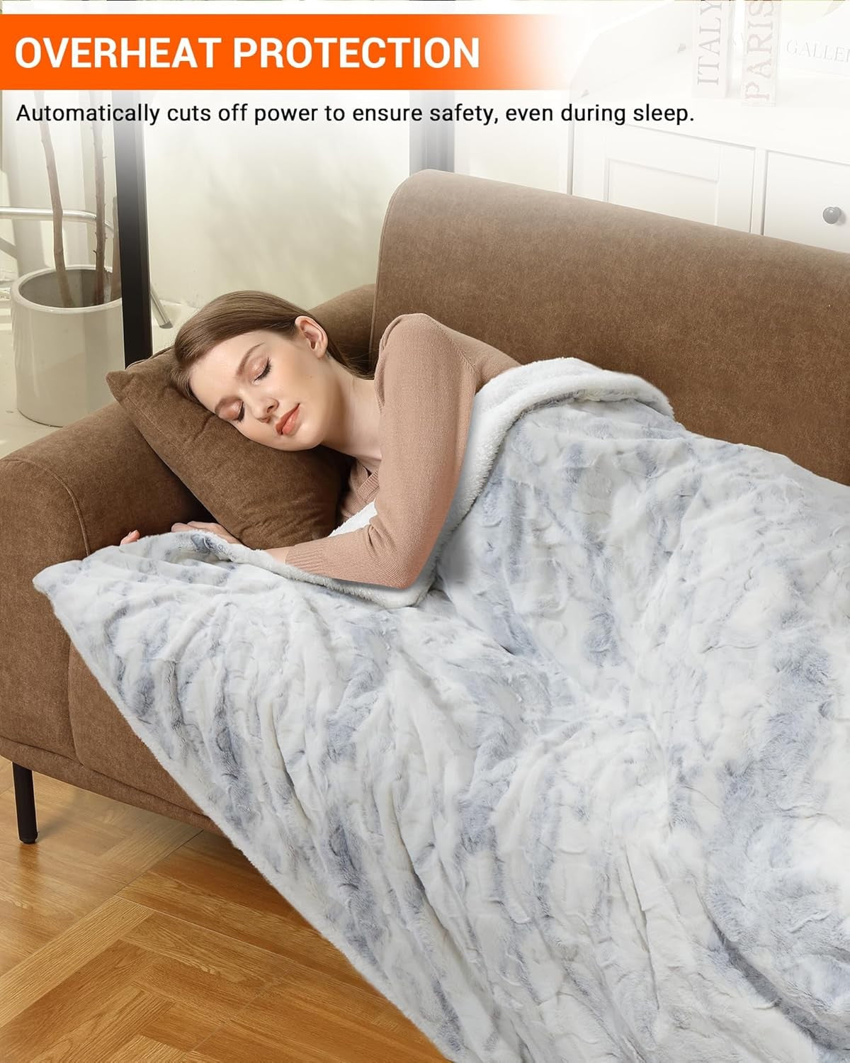 Electric Heated Throw Blanket Faux Fur 6 Heat Levels Auto Shut Off 130x160cm