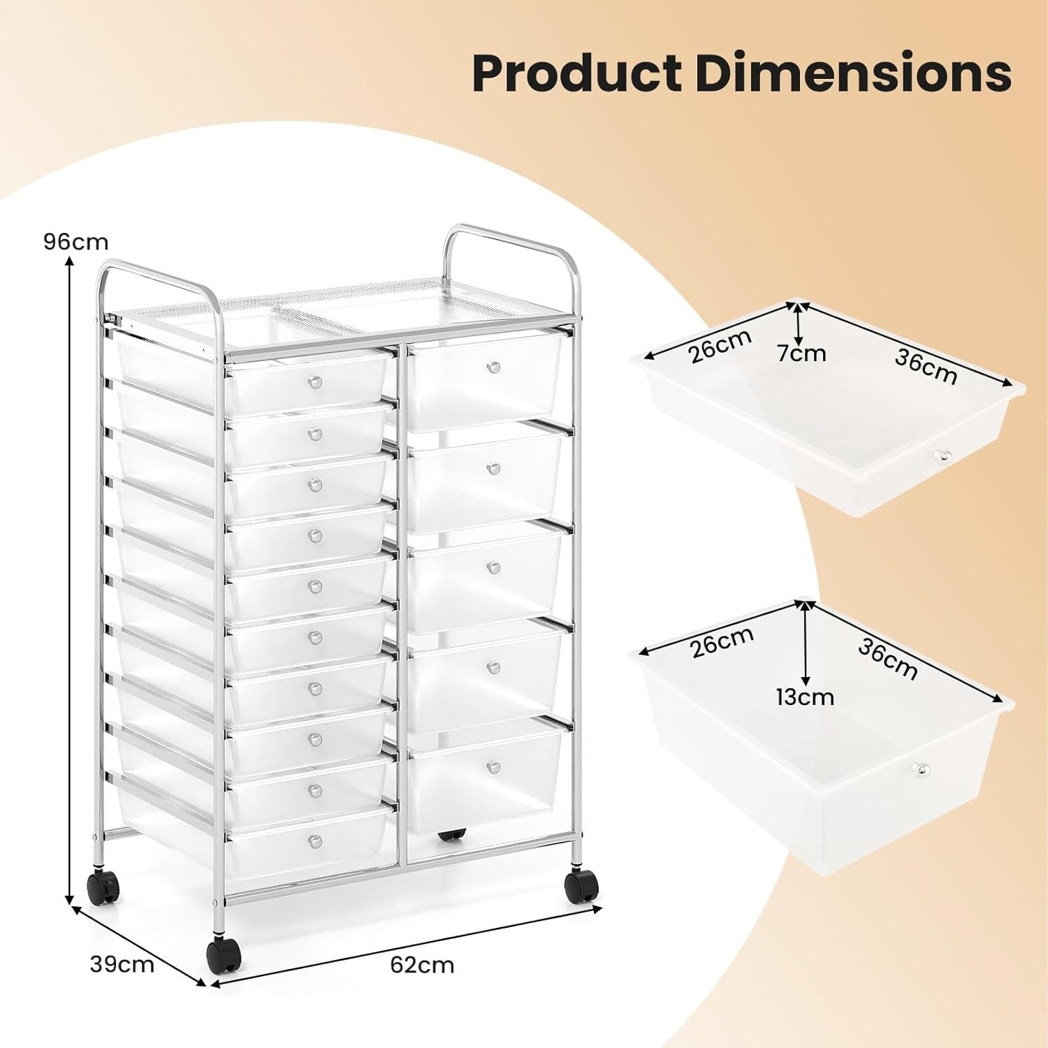 15 Drawer Rolling Storage Trolley Clear Mobile Organizer Cart Wheels