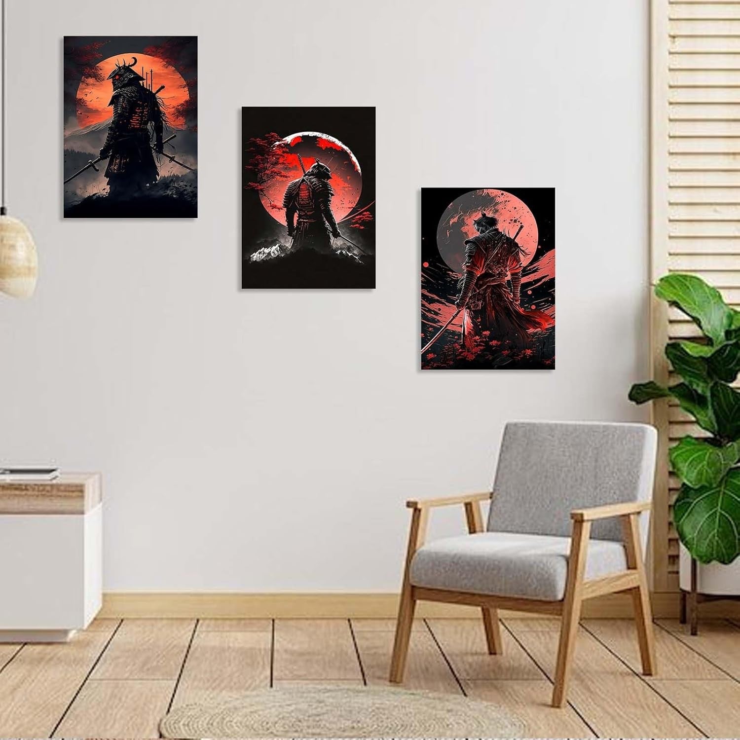 Set of 3 Samurai Warrior Canvas Wall Art 12x16 Framed Japanese Decor