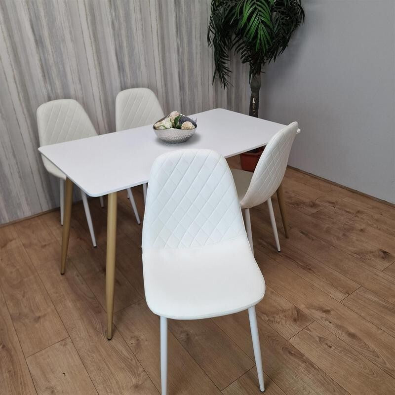 White Dining Table Set with 4 Padded Gem Chairs, Modern Kitchen Set