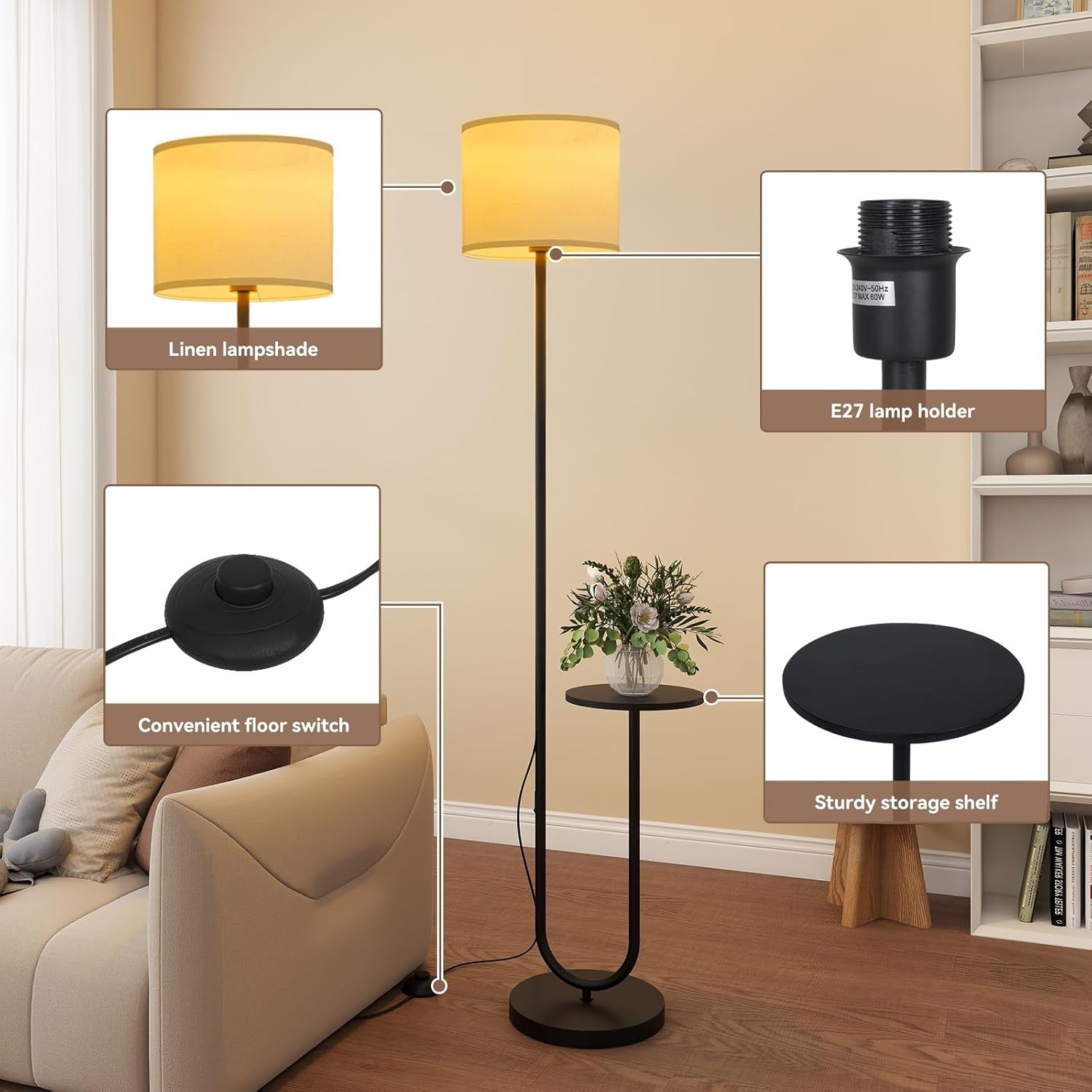 Floor Lamp with Shelf Black Tall Standing Light for Living Room Bedroom