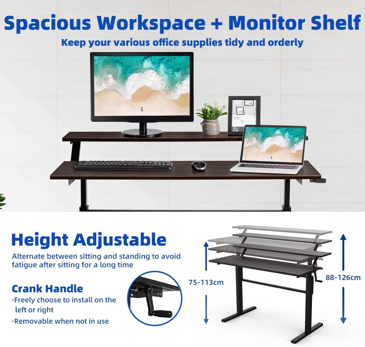 Height Adjustable Standing Desk 113cm Sit Stand Crank Table Brown