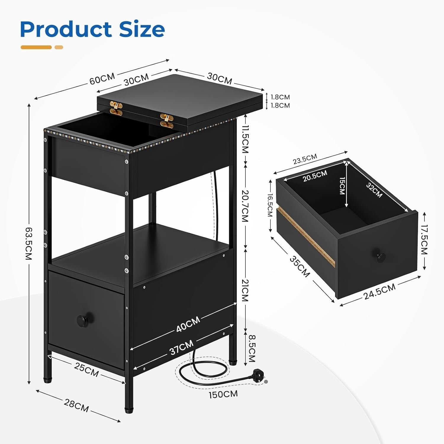 Slim Black Smart Bedside Table with LED Light, USB Charging & Drawer