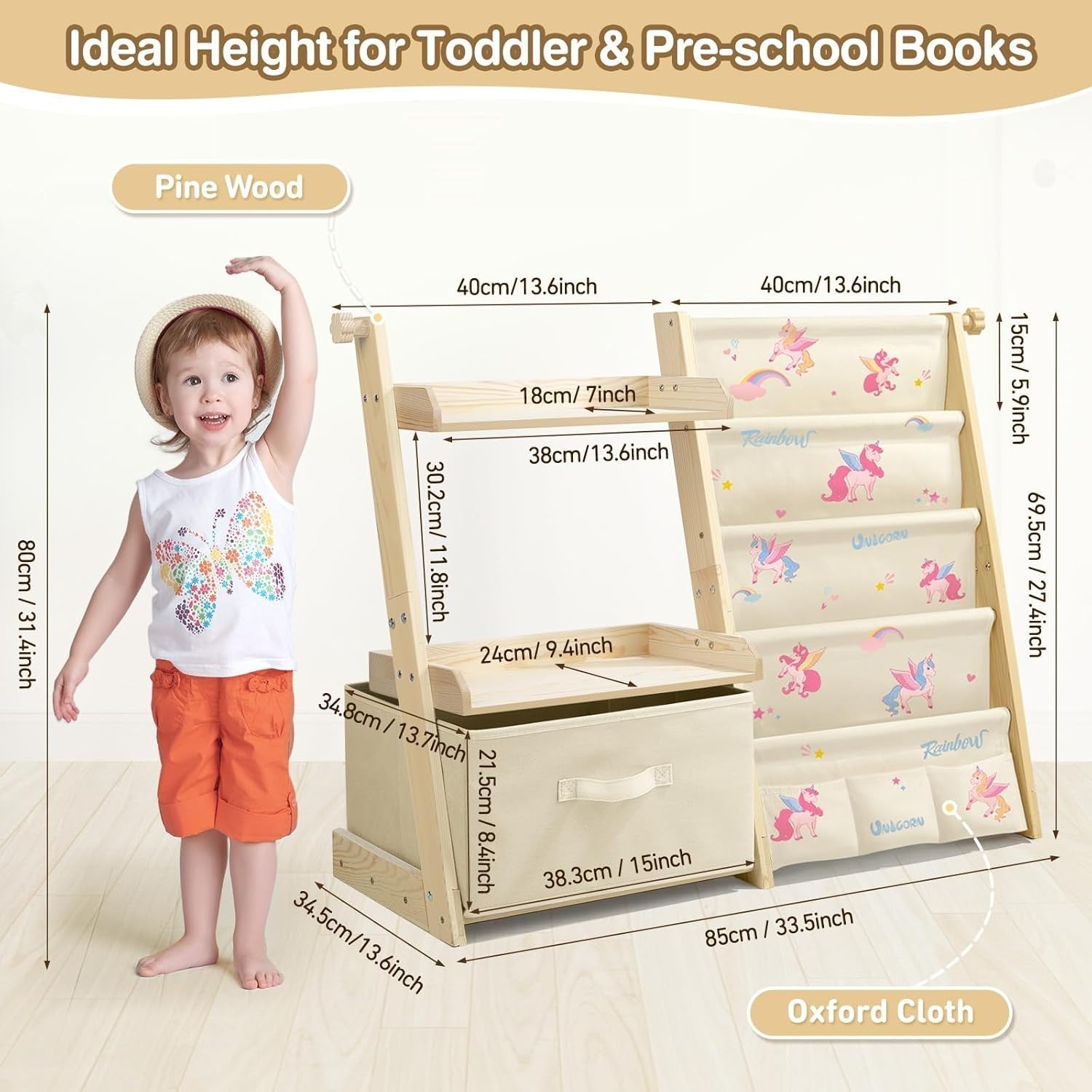 Unicorn Kids Bookcase & Toy Storage – 4-Tier Montessori Organizer Shelf