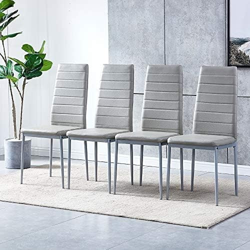 Modern 5-Piece Round Glass Dining Table Set with 4 Grey Leather Chairs