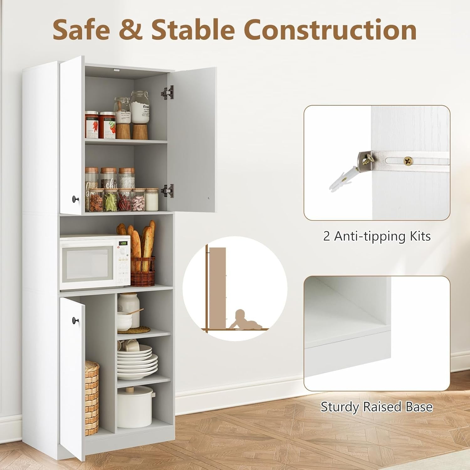 Tall Kitchen Cupboard White 3-Door Pantry Cabinet with Open Shelves