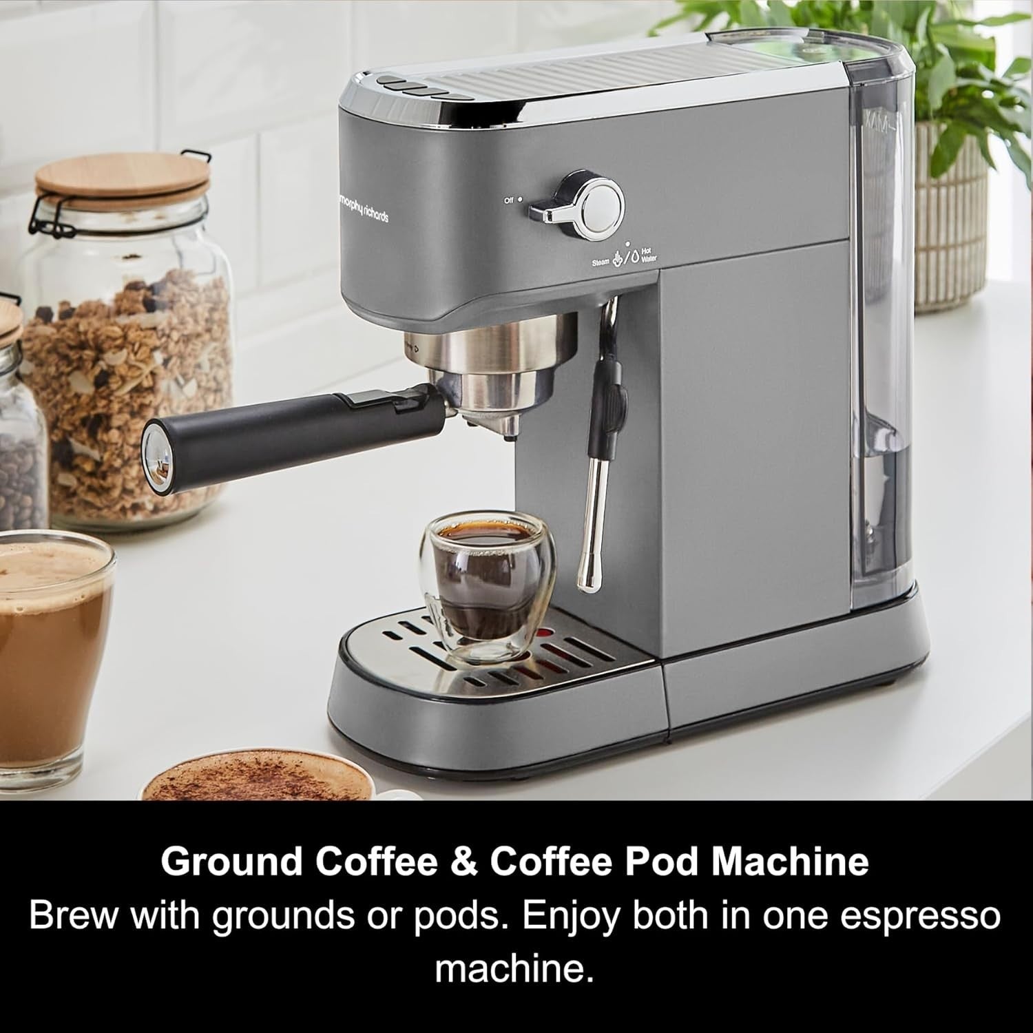 Compact Espresso Machine 15 Bar Pump, Dual Cup, Milk Frother, 1L Tank, Grey
