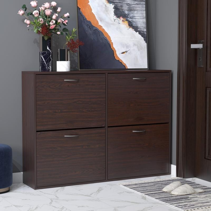 4 Drawer Shoe Cabinet Pull-Down Storage Unit White Hallway Organiser